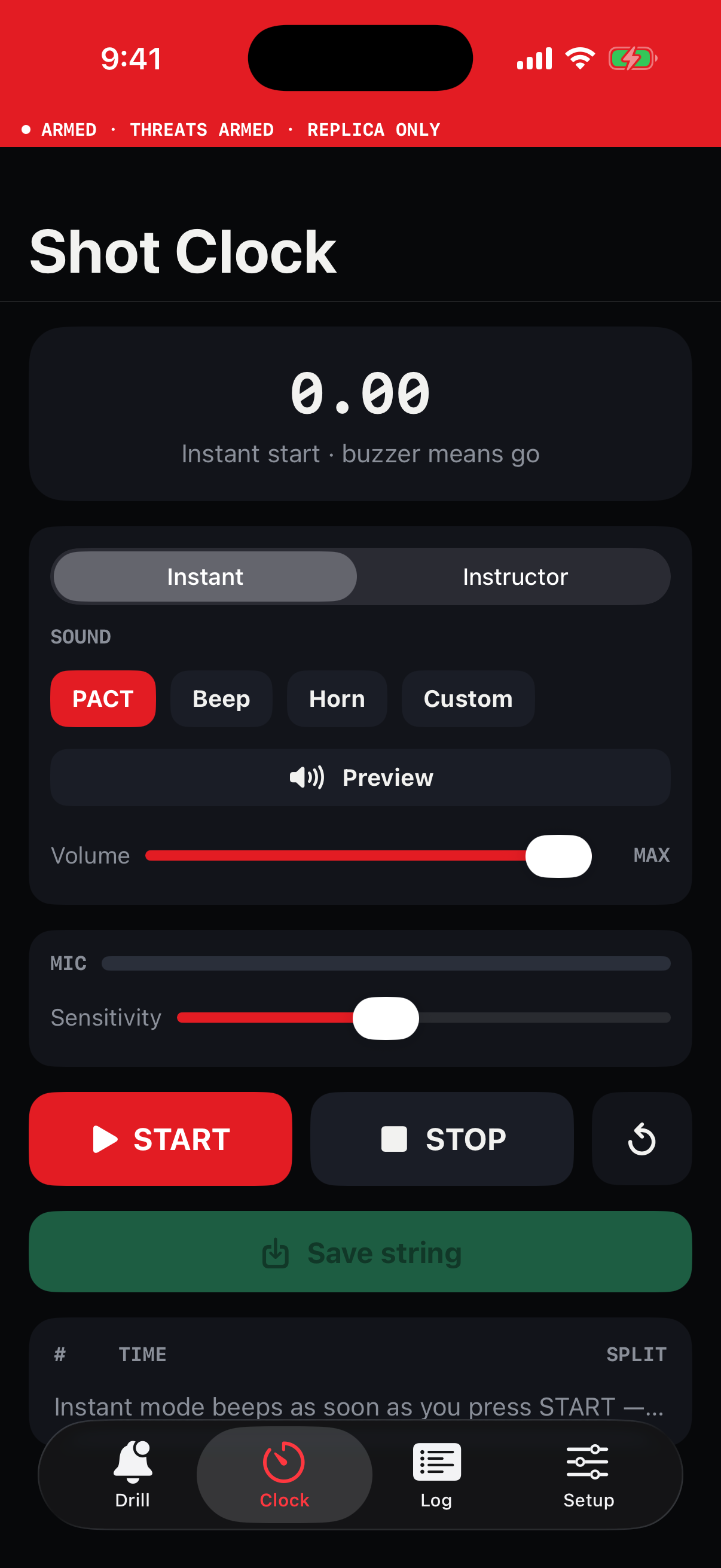 iPhone shot clock in Instant mode, ready to start, with PACT selected