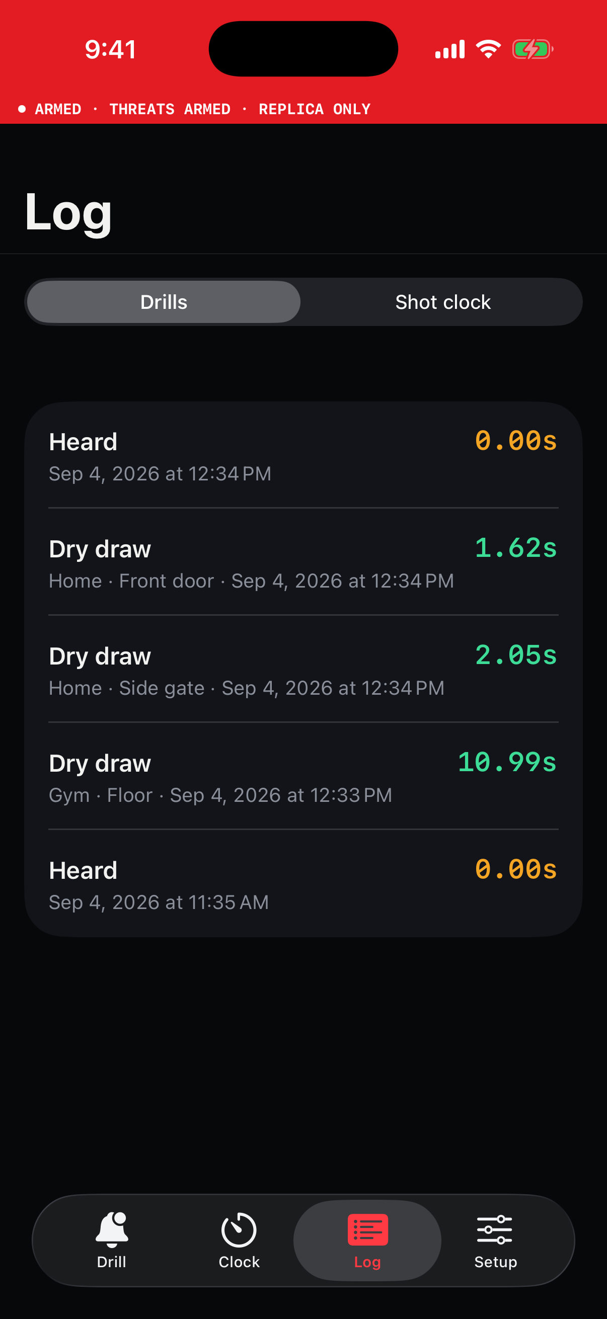 iPhone drill log with dry-draw times