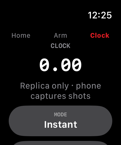 Apple Watch shot clock at 0.00 in Instant mode
