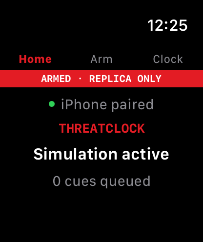 ThreatClock Apple Watch home showing the simulation armed